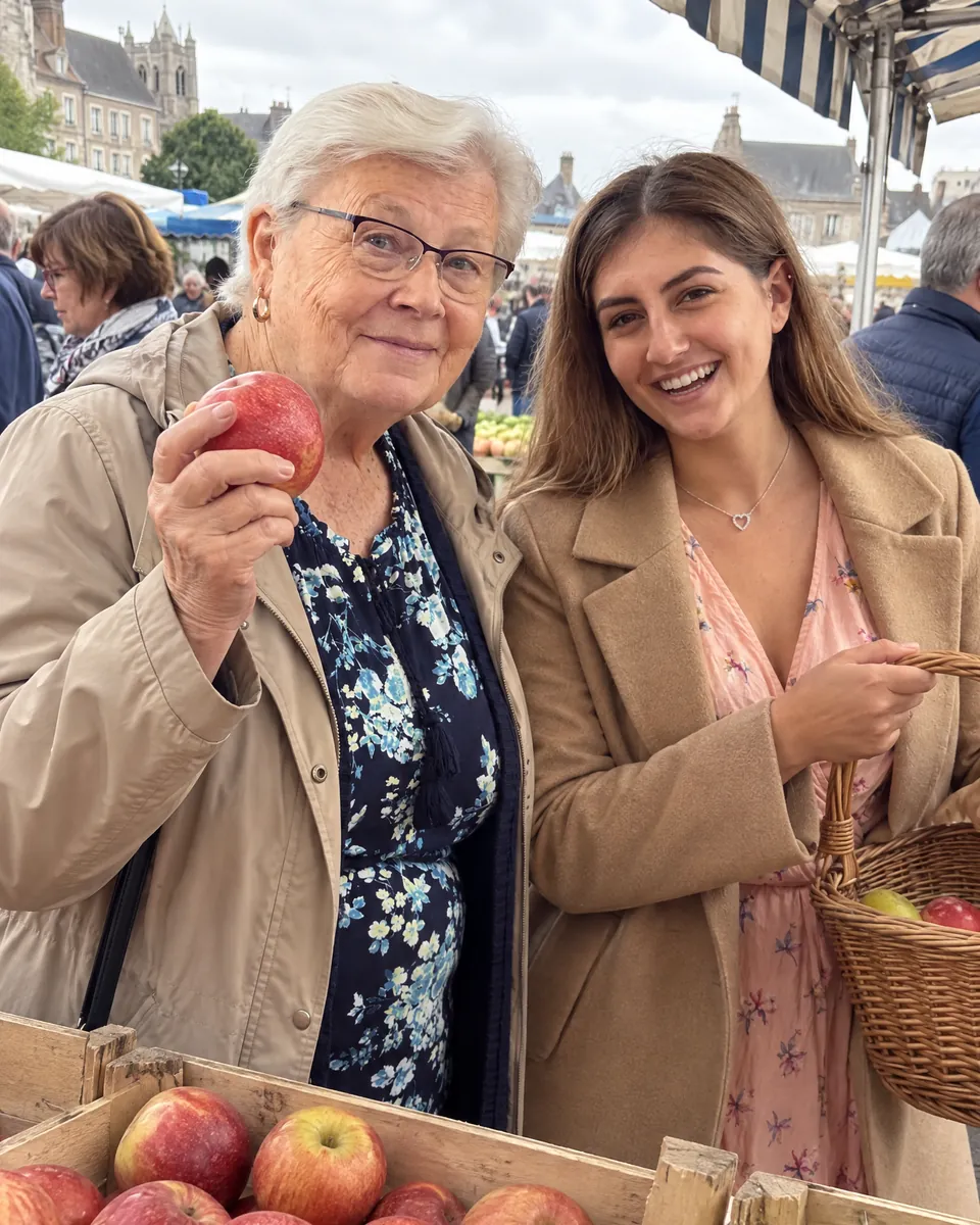 Une jeune femme et une dame âgée sourient côte à côte au marché, une pomme à la main